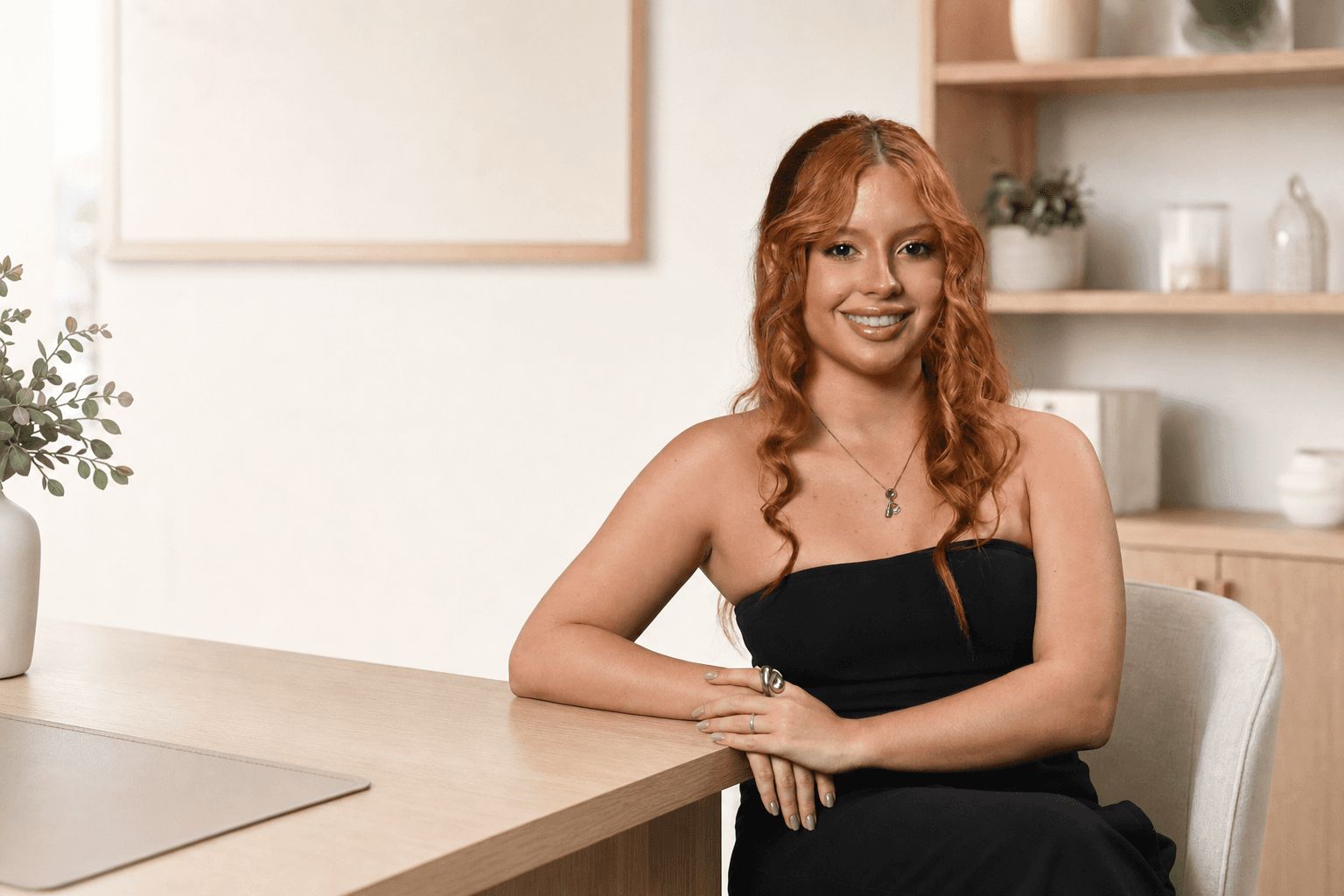 Maria Eduarda sentada à mesa do consultório