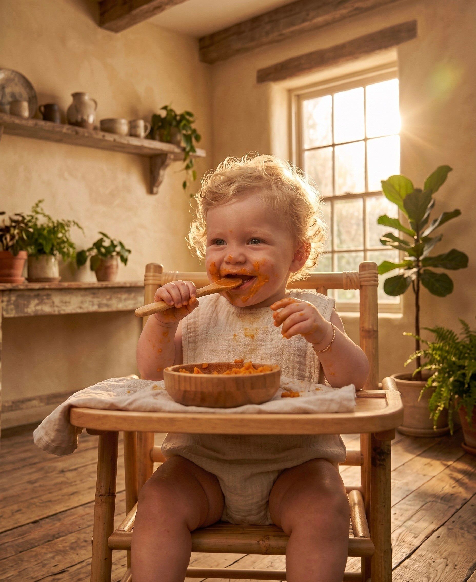 Bebê sorridente comendo papinha com uma colher de madeira