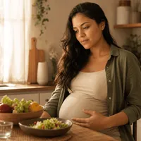 Gestante sentada à mesa com um prato de comida