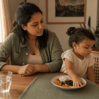 Mãe tentando alimentar uma criança pequena à mesa