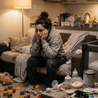 Mãe cansada sentada no sofá em meio a brinquedos
