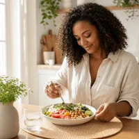 Mulher sorrindo diante de um prato de salada