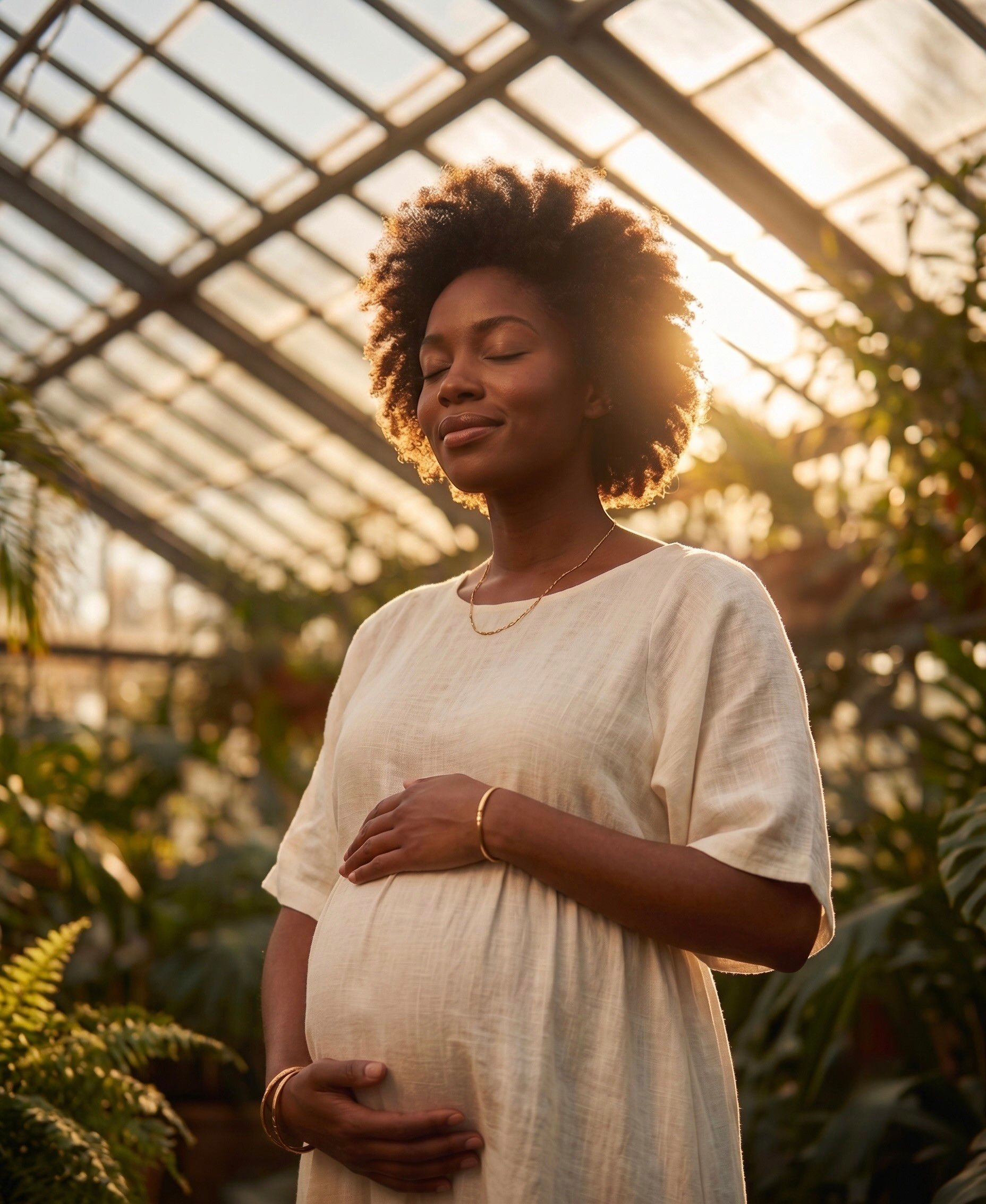Gestante com as mãos na barriga em uma estufa iluminada